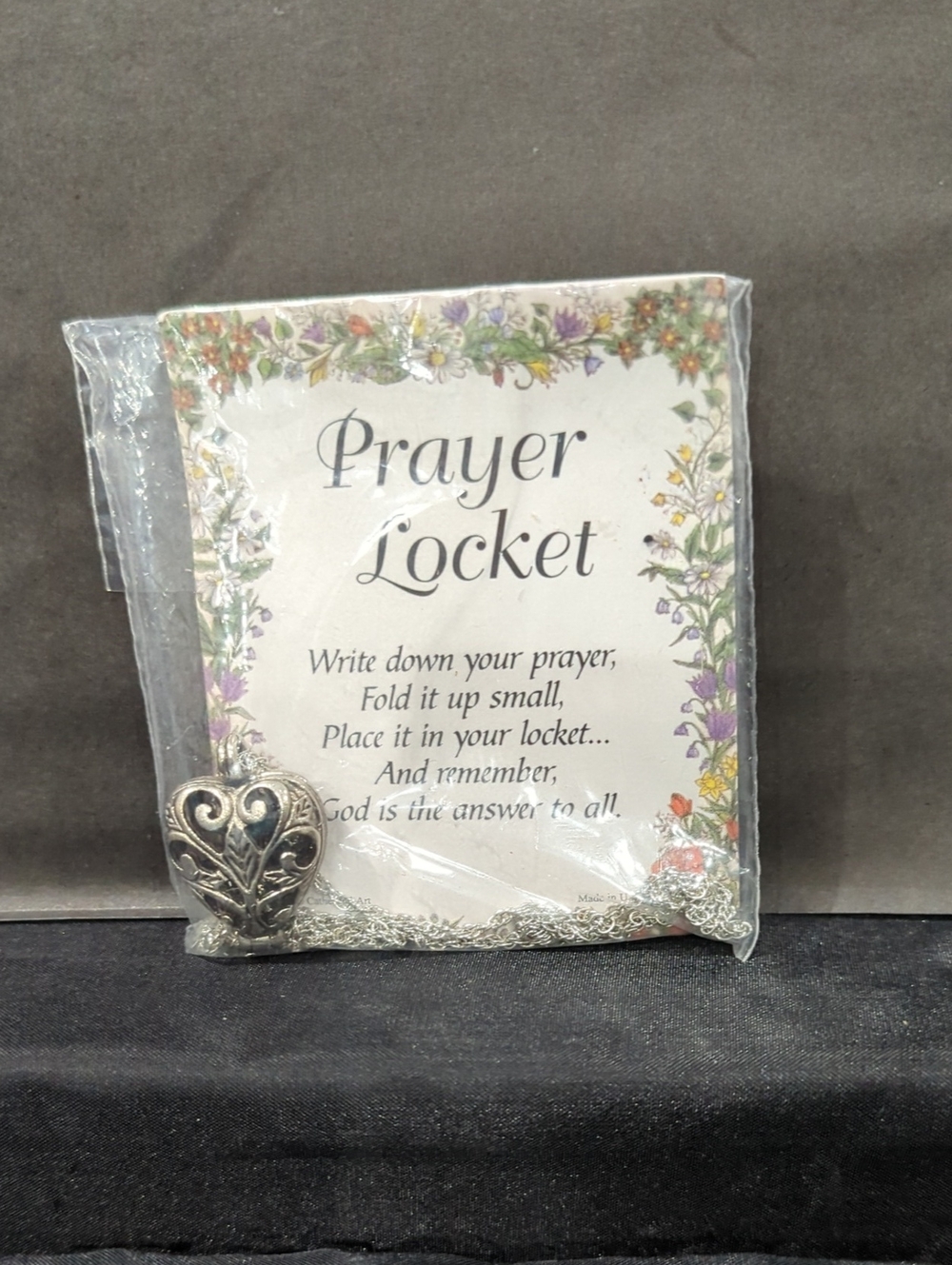 Avon Silver Heart Prayer Locket Necklace with Floral Card